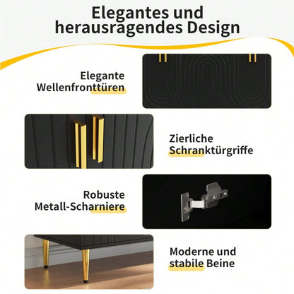 Schwarzes Sideboard (152 x 40 x 75 cm) mit einzigartigem Wellendesign und goldenen Griffen und Füßen, das einen eleganten Essbereich schafft(Previous sku:N620P17539192AAS)