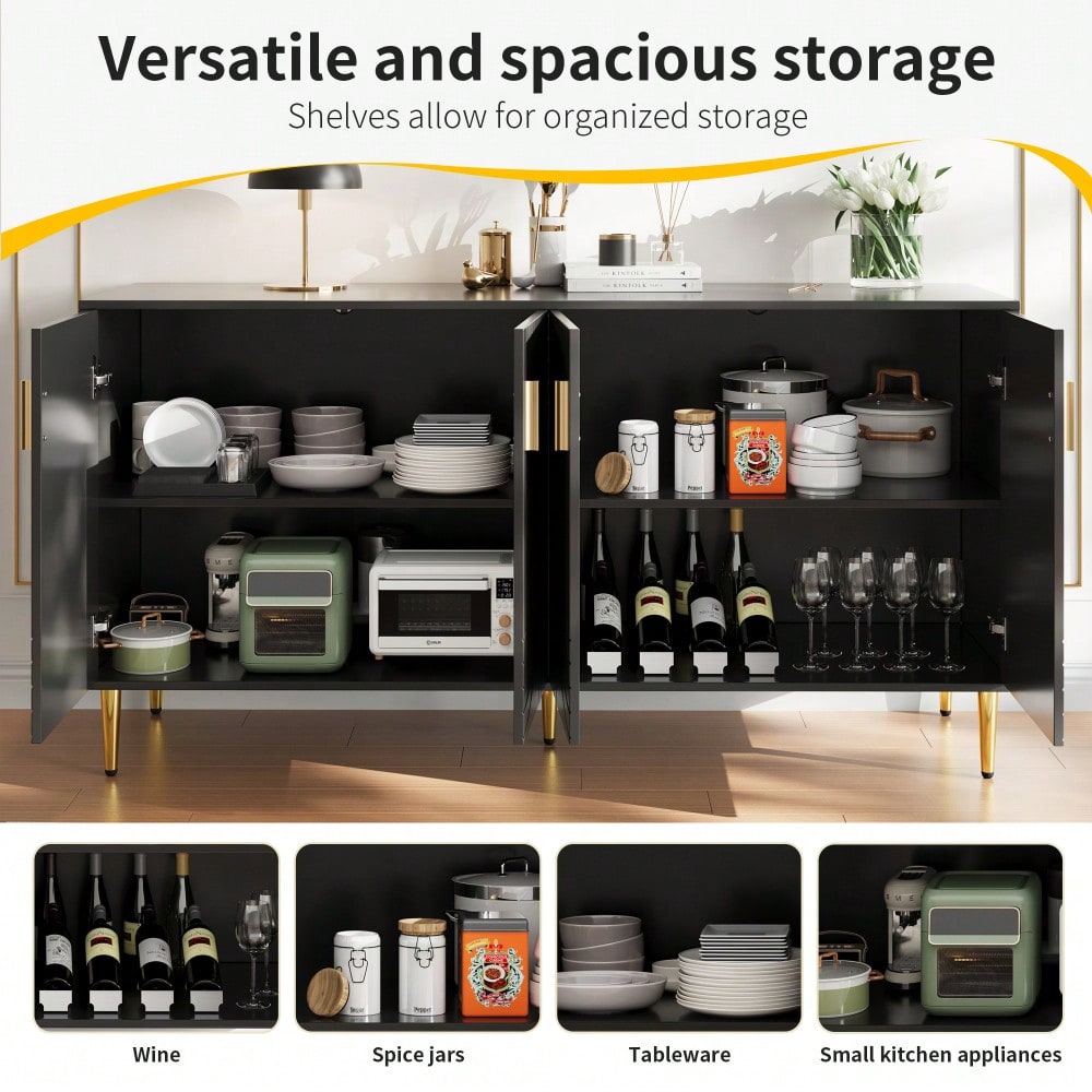 Schwarzes Sideboard (152 x 40 x 75 cm) mit einzigartigem Wellendesign und goldenen Griffen und Füßen, das einen eleganten Essbereich schafft(Previous sku:N620P17539192AAS)