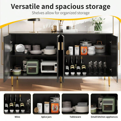 Schwarzes Sideboard (152 x 40 x 75 cm) mit einzigartigem Wellendesign und goldenen Griffen und Füßen, das einen eleganten Essbereich schafft(Previous sku:N620P17539192AAS)