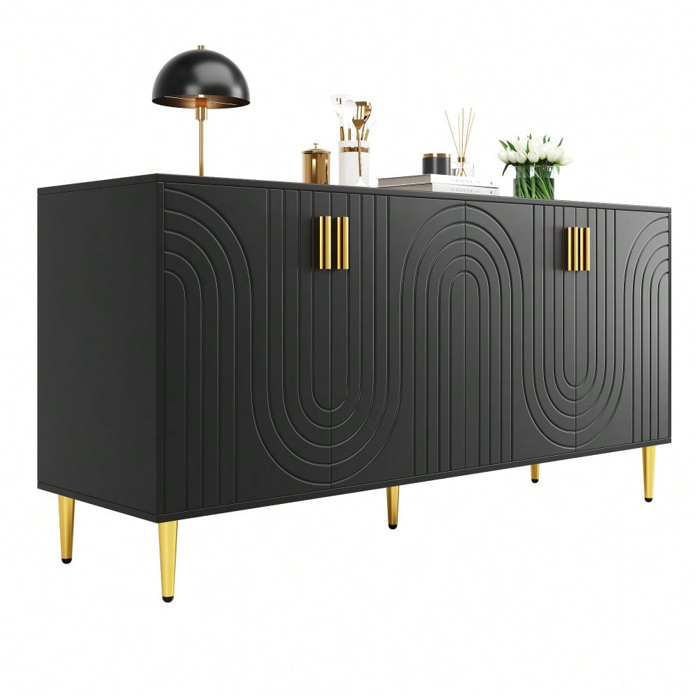 Schwarzes Sideboard (152 x 40 x 75 cm) mit einzigartigem Wellendesign und goldenen Griffen und Füßen, das einen eleganten Essbereich schafft(Previous sku:N620P17539192AAS)