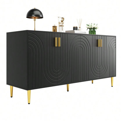 Schwarzes Sideboard (152 x 40 x 75 cm) mit einzigartigem Wellendesign und goldenen Griffen und Füßen, das einen eleganten Essbereich schafft(Previous sku:N620P17539192AAS)