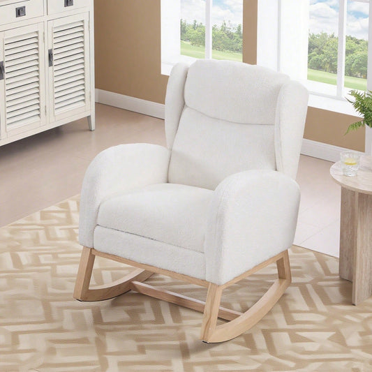 049B Schaukelstuhl, Stillstuhl, Lounge-Sessel mit Holzgestell, verstellbare Fußstütze, hohe Rückenlehne, Teddy-Stoff, mit Tasche, bequemer Akzentstuhl für Schlafzimmer und Wohnzimmer, Weiß