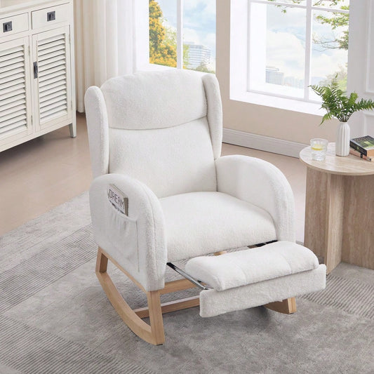 049B Schaukelstuhl, Stillstuhl, Lounge-Sessel mit Holzgestell, verstellbare Fußstütze, hohe Rückenlehne, Teddy-Stoff, mit Tasche, bequemer Akzentstuhl für Schlafzimmer und Wohnzimmer, Weiß