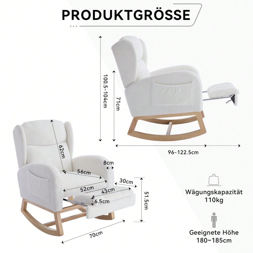 049B Schaukelstuhl, Stillstuhl, Lounge-Sessel mit Holzgestell, verstellbare Fußstütze, hohe Rückenlehne, Teddy-Stoff, mit Tasche, bequemer Akzentstuhl für Schlafzimmer und Wohnzimmer, Weiß