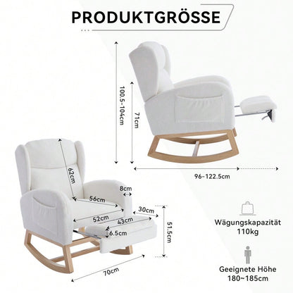 049B Schaukelstuhl, Stillstuhl, Lounge-Sessel mit Holzgestell, verstellbare Fußstütze, hohe Rückenlehne, Teddy-Stoff, mit Tasche, bequemer Akzentstuhl für Schlafzimmer und Wohnzimmer, Weiß