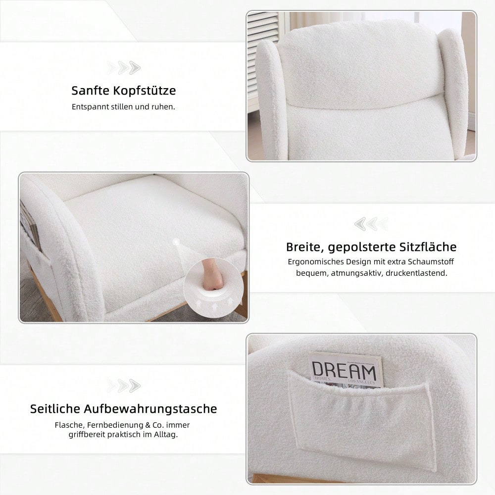 049B Schaukelstuhl, Stillstuhl, Lounge-Sessel mit Holzgestell, verstellbare Fußstütze, hohe Rückenlehne, Teddy-Stoff, mit Tasche, bequemer Akzentstuhl für Schlafzimmer und Wohnzimmer, Weiß