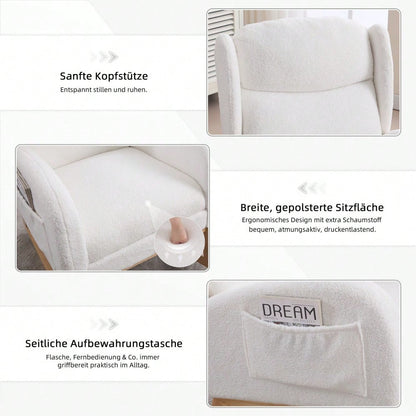 049B Schaukelstuhl, Stillstuhl, Lounge-Sessel mit Holzgestell, verstellbare Fußstütze, hohe Rückenlehne, Teddy-Stoff, mit Tasche, bequemer Akzentstuhl für Schlafzimmer und Wohnzimmer, Weiß