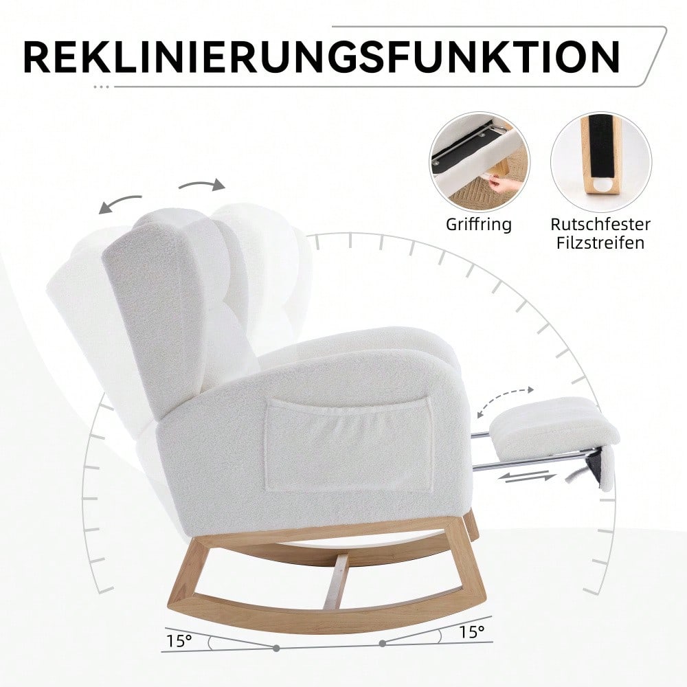 049B Schaukelstuhl, Stillstuhl, Lounge-Sessel mit Holzgestell, verstellbare Fußstütze, hohe Rückenlehne, Teddy-Stoff, mit Tasche, bequemer Akzentstuhl für Schlafzimmer und Wohnzimmer, Weiß