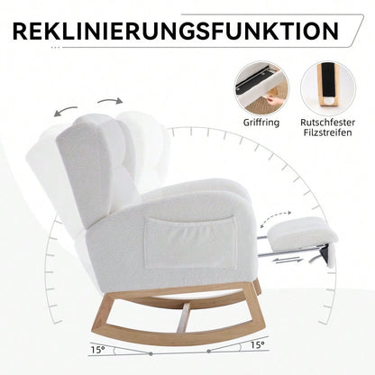 049B Schaukelstuhl, Stillstuhl, Lounge-Sessel mit Holzgestell, verstellbare Fußstütze, hohe Rückenlehne, Teddy-Stoff, mit Tasche, bequemer Akzentstuhl für Schlafzimmer und Wohnzimmer, Weiß