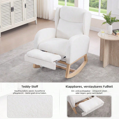 049B Schaukelstuhl, Stillstuhl, Lounge-Sessel mit Holzgestell, verstellbare Fußstütze, hohe Rückenlehne, Teddy-Stoff, mit Tasche, bequemer Akzentstuhl für Schlafzimmer und Wohnzimmer, Weiß