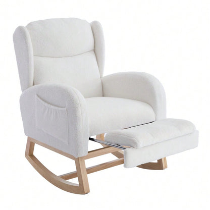 049B Schaukelstuhl, Stillstuhl, Lounge-Sessel mit Holzgestell, verstellbare Fußstütze, hohe Rückenlehne, Teddy-Stoff, mit Tasche, bequemer Akzentstuhl für Schlafzimmer und Wohnzimmer, Weiß