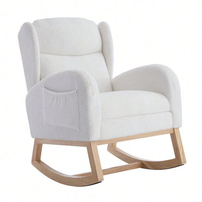 049B Schaukelstuhl, Stillstuhl, Lounge-Sessel mit Holzgestell, verstellbare Fußstütze, hohe Rückenlehne, Teddy-Stoff, mit Tasche, bequemer Akzentstuhl für Schlafzimmer und Wohnzimmer, Weiß
