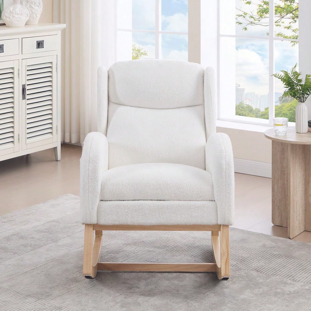 049B Schaukelstuhl, Stillstuhl, Lounge-Sessel mit Holzgestell, verstellbare Fußstütze, hohe Rückenlehne, Teddy-Stoff, mit Tasche, bequemer Akzentstuhl für Schlafzimmer und Wohnzimmer, Weiß