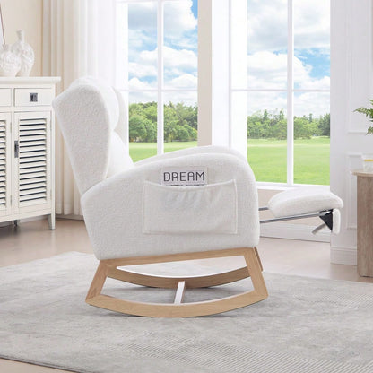 049B Schaukelstuhl, Stillstuhl, Lounge-Sessel mit Holzgestell, verstellbare Fußstütze, hohe Rückenlehne, Teddy-Stoff, mit Tasche, bequemer Akzentstuhl für Schlafzimmer und Wohnzimmer, Weiß