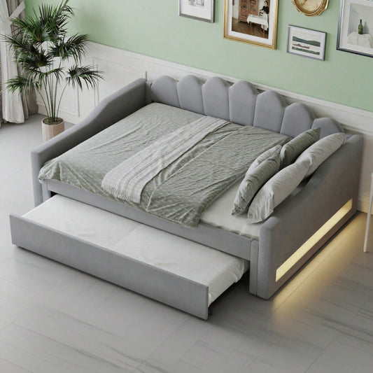 Gepolstertes 140 x 200 cm Tagesbett mit LED-Gürtel und Ausziehbett, Grau