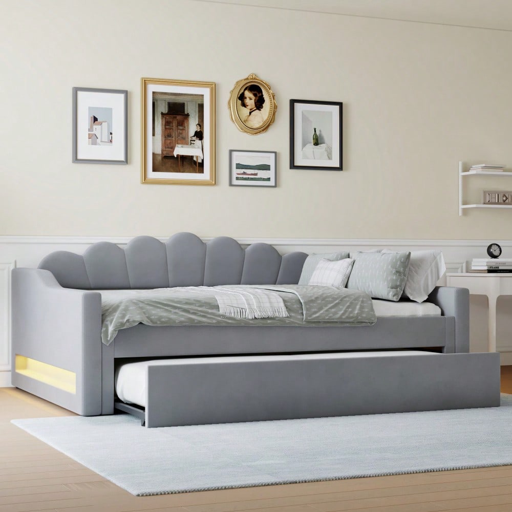 Gepolstertes 140 x 200 cm Tagesbett mit LED-Gürtel und Ausziehbett, Grau