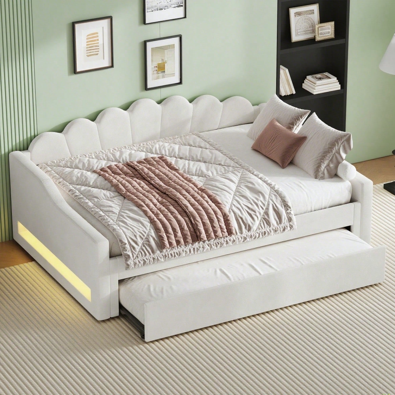 Gepolstertes 140 x 200 cm Tagesbett mit LED-Gürtel und Ausziehbett, Beige