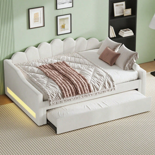 Gepolstertes 140 x 200 cm Tagesbett mit LED-Gürtel und Ausziehbett, Beige