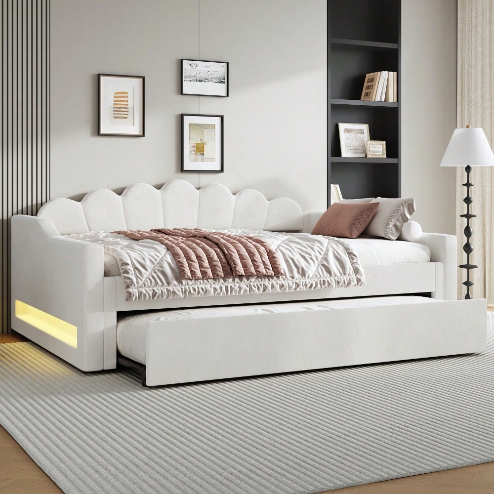Gepolstertes 140 x 200 cm Tagesbett mit LED-Gürtel und Ausziehbett, Beige