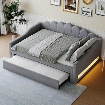 Gepolstertes 140 x 200 cm Tagesbett mit LED-Gürtel und Ausziehbett, Grau