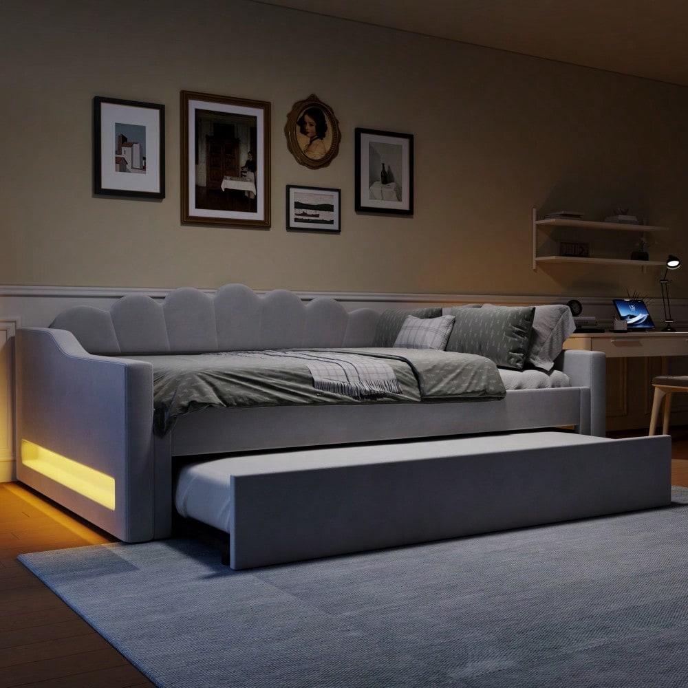 Gepolstertes 140 x 200 cm Tagesbett mit LED-Gürtel und Ausziehbett, Grau