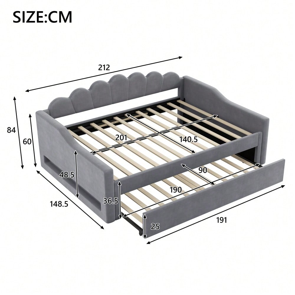 Gepolstertes 140 x 200 cm Tagesbett mit LED-Gürtel und Ausziehbett, Grau