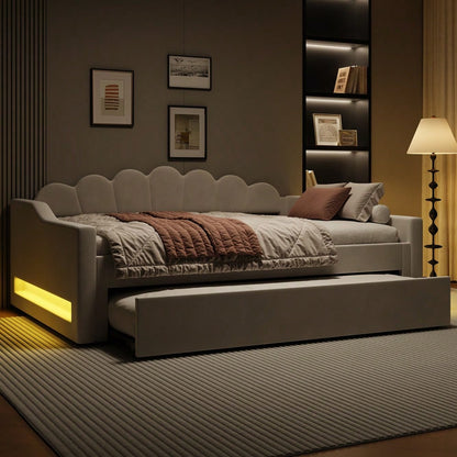 Gepolstertes 140 x 200 cm Tagesbett mit LED-Gürtel und Ausziehbett, Beige