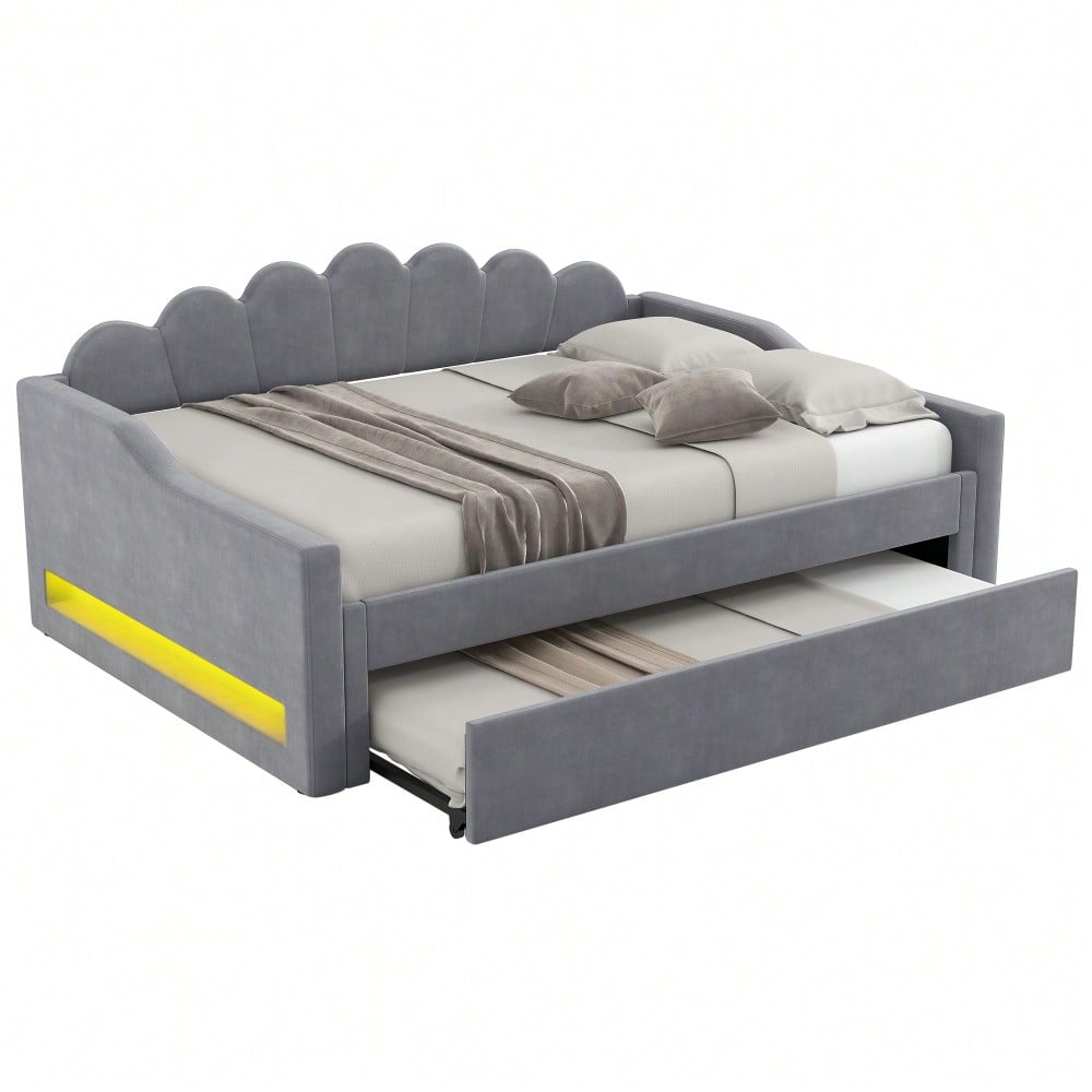 Gepolstertes 140 x 200 cm Tagesbett mit LED-Gürtel und Ausziehbett, Grau