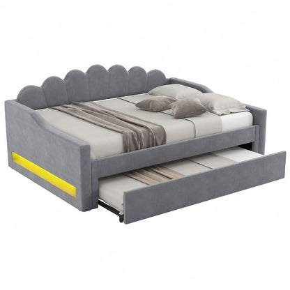 Gepolstertes 140 x 200 cm Tagesbett mit LED-Gürtel und Ausziehbett, Grau