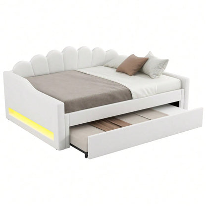 Gepolstertes 140 x 200 cm Tagesbett mit LED-Gürtel und Ausziehbett, Beige