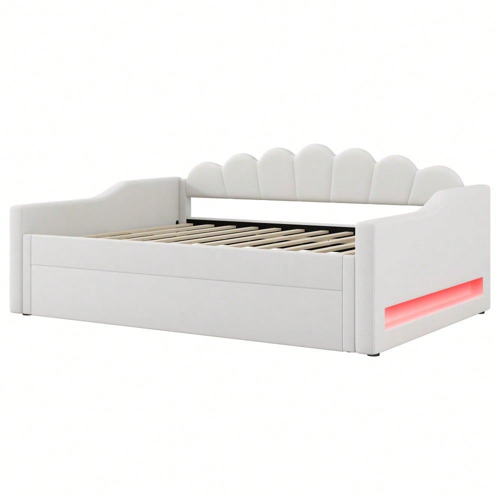 Gepolstertes 140 x 200 cm Tagesbett mit LED-Gürtel und Ausziehbett, Beige