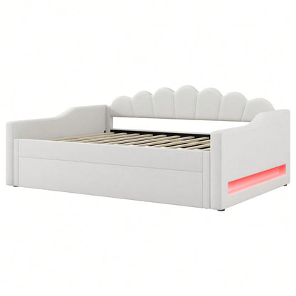 Gepolstertes 140 x 200 cm Tagesbett mit LED-Gürtel und Ausziehbett, Beige