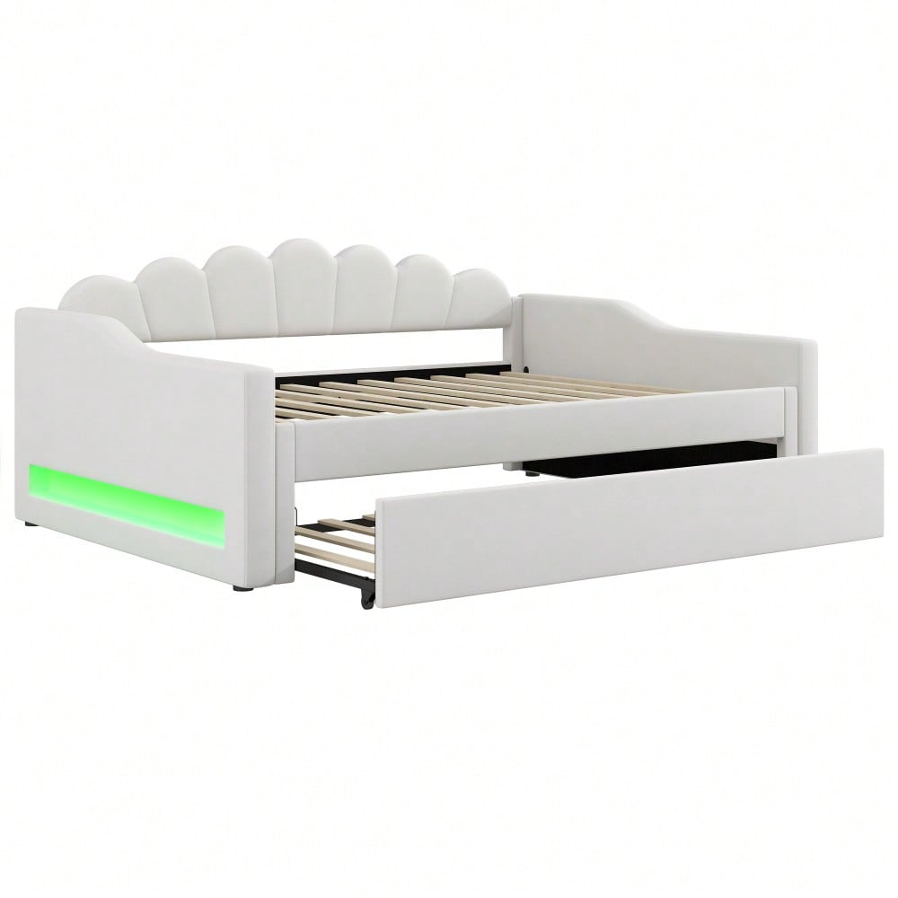 Gepolstertes 140 x 200 cm Tagesbett mit LED-Gürtel und Ausziehbett, Beige