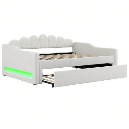 Gepolstertes 140 x 200 cm Tagesbett mit LED-Gürtel und Ausziehbett, Beige