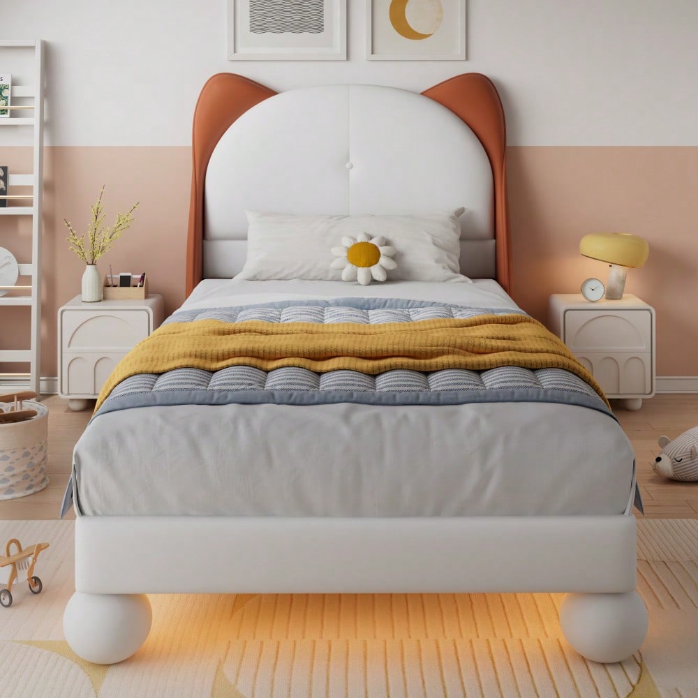 Polsterbett, Einzelbett, Kinderbett, Katzenohren-Kopfteil, Farblich anpassbare LED-Lichtleiste unter dem Bett, Stabile Lattenroste, PU, Beige + Gelbbraun, 90x200cm