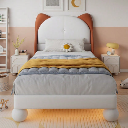 Polsterbett, Einzelbett, Kinderbett, Katzenohren-Kopfteil, Farblich anpassbare LED-Lichtleiste unter dem Bett, Stabile Lattenroste, PU, Beige + Gelbbraun, 90x200cm