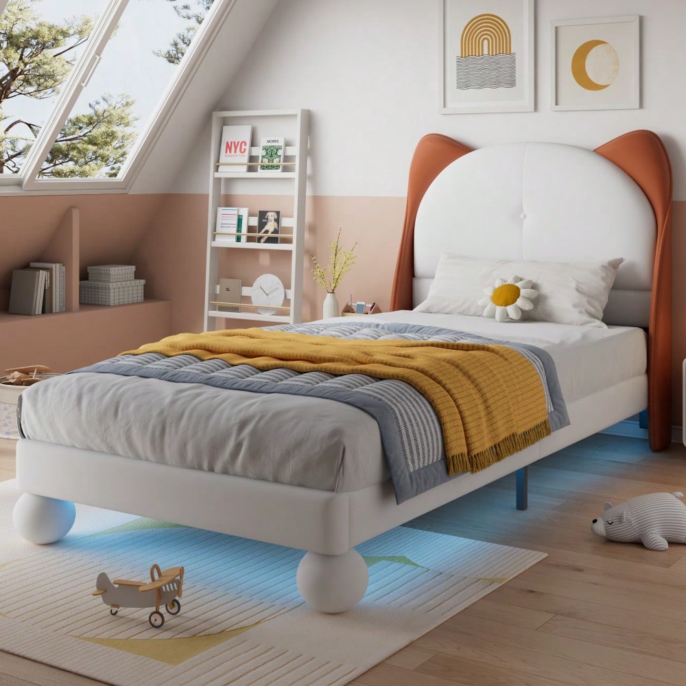 Polsterbett, Einzelbett, Kinderbett, Katzenohren-Kopfteil, Farblich anpassbare LED-Lichtleiste unter dem Bett, Stabile Lattenroste, PU, Beige + Gelbbraun, 90x200cm