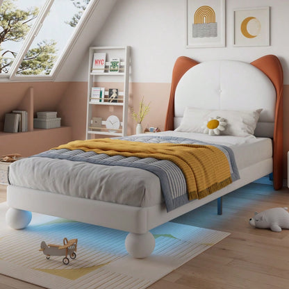 Polsterbett, Einzelbett, Kinderbett, Katzenohren-Kopfteil, Farblich anpassbare LED-Lichtleiste unter dem Bett, Stabile Lattenroste, PU, Beige + Gelbbraun, 90x200cm