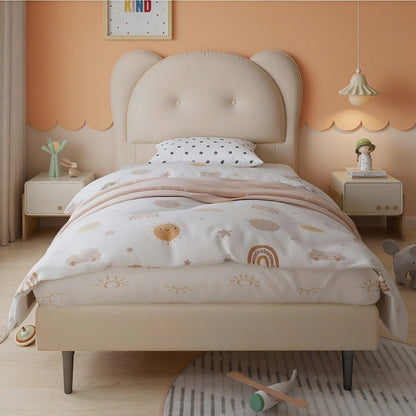 Polsterbett, Einzelbett, Kinderbett, Niedliches Kopfteil in Tierform, Stabile Lattenroste und Eisenrahmenverbindung, PU, Beige, 90x200cm