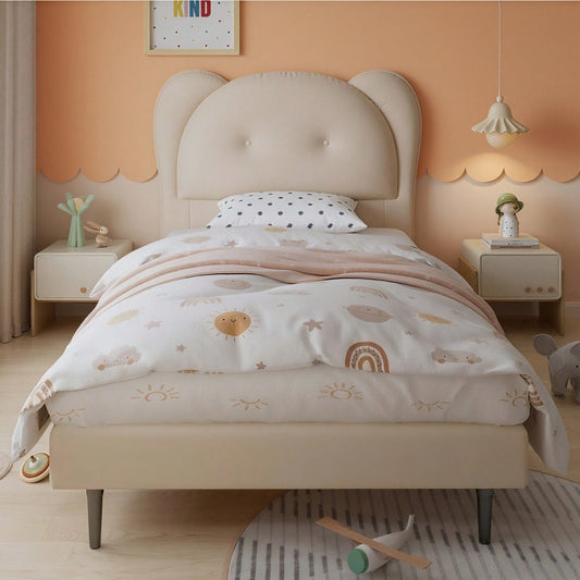 Polsterbett, Einzelbett, Kinderbett, Niedliches Kopfteil in Tierform, Stabile Lattenroste und Eisenrahmenverbindung, PU, Beige, 90x200cm