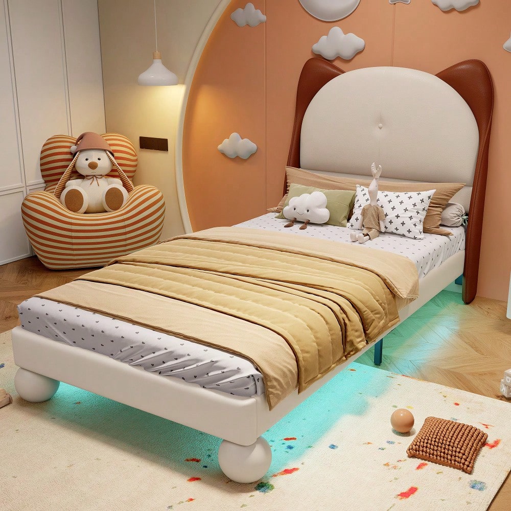Polsterbett, Einzelbett, Kinderbett, Katzenohren-Kopfteil, Farblich anpassbare LED-Lichtleiste unter dem Bett, Stabile Lattenroste, PU, Beige + Gelbbraun, 90x200cm