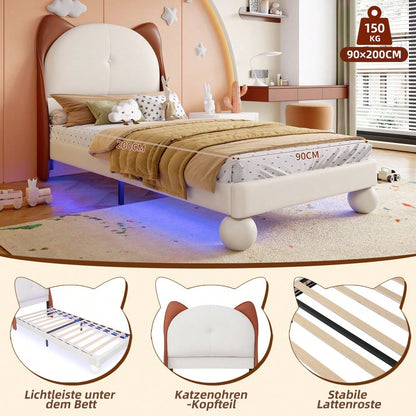 Polsterbett, Einzelbett, Kinderbett, Katzenohren-Kopfteil, Farblich anpassbare LED-Lichtleiste unter dem Bett, Stabile Lattenroste, PU, Beige + Gelbbraun, 90x200cm
