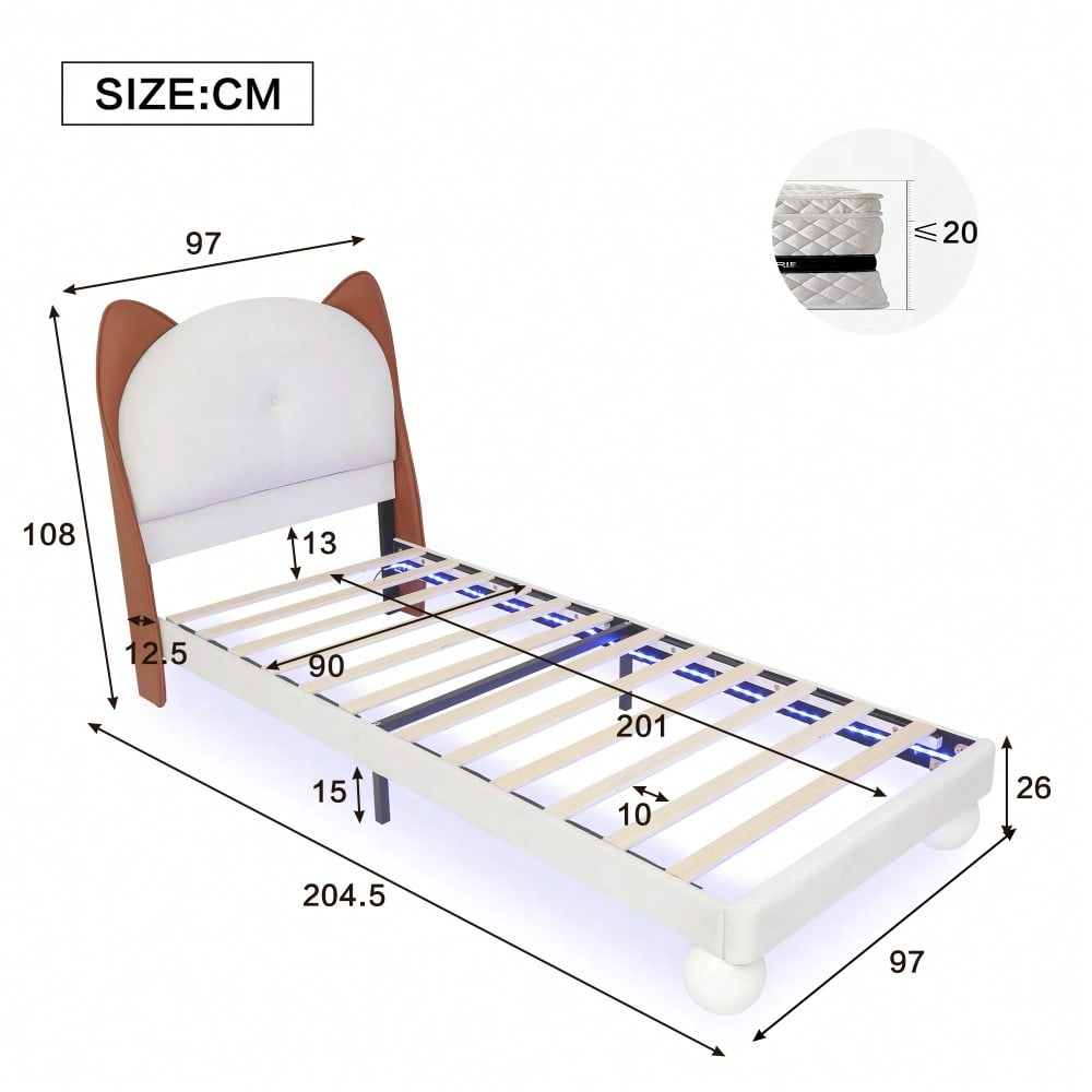 Polsterbett, Einzelbett, Kinderbett, Katzenohren-Kopfteil, Farblich anpassbare LED-Lichtleiste unter dem Bett, Stabile Lattenroste, PU, Beige + Gelbbraun, 90x200cm