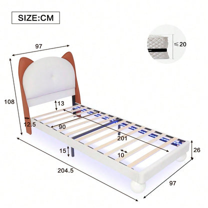 Polsterbett, Einzelbett, Kinderbett, Katzenohren-Kopfteil, Farblich anpassbare LED-Lichtleiste unter dem Bett, Stabile Lattenroste, PU, Beige + Gelbbraun, 90x200cm
