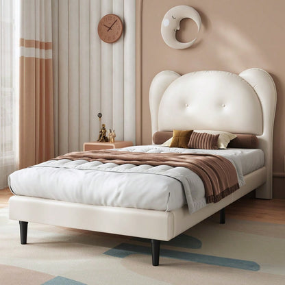 Polsterbett, Einzelbett, Kinderbett, Niedliches Kopfteil in Tierform, Stabile Lattenroste und Eisenrahmenverbindung, PU, Beige, 90x200cm
