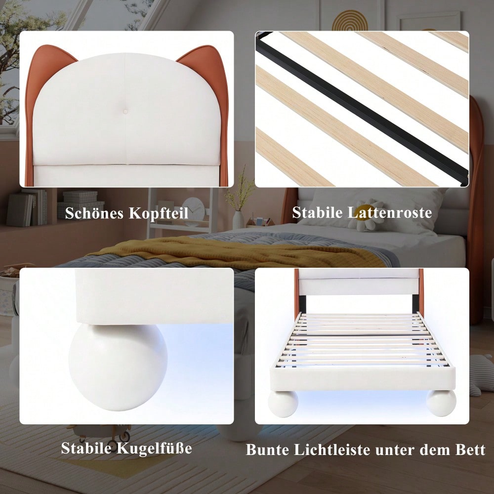 Polsterbett, Einzelbett, Kinderbett, Katzenohren-Kopfteil, Farblich anpassbare LED-Lichtleiste unter dem Bett, Stabile Lattenroste, PU, Beige + Gelbbraun, 90x200cm