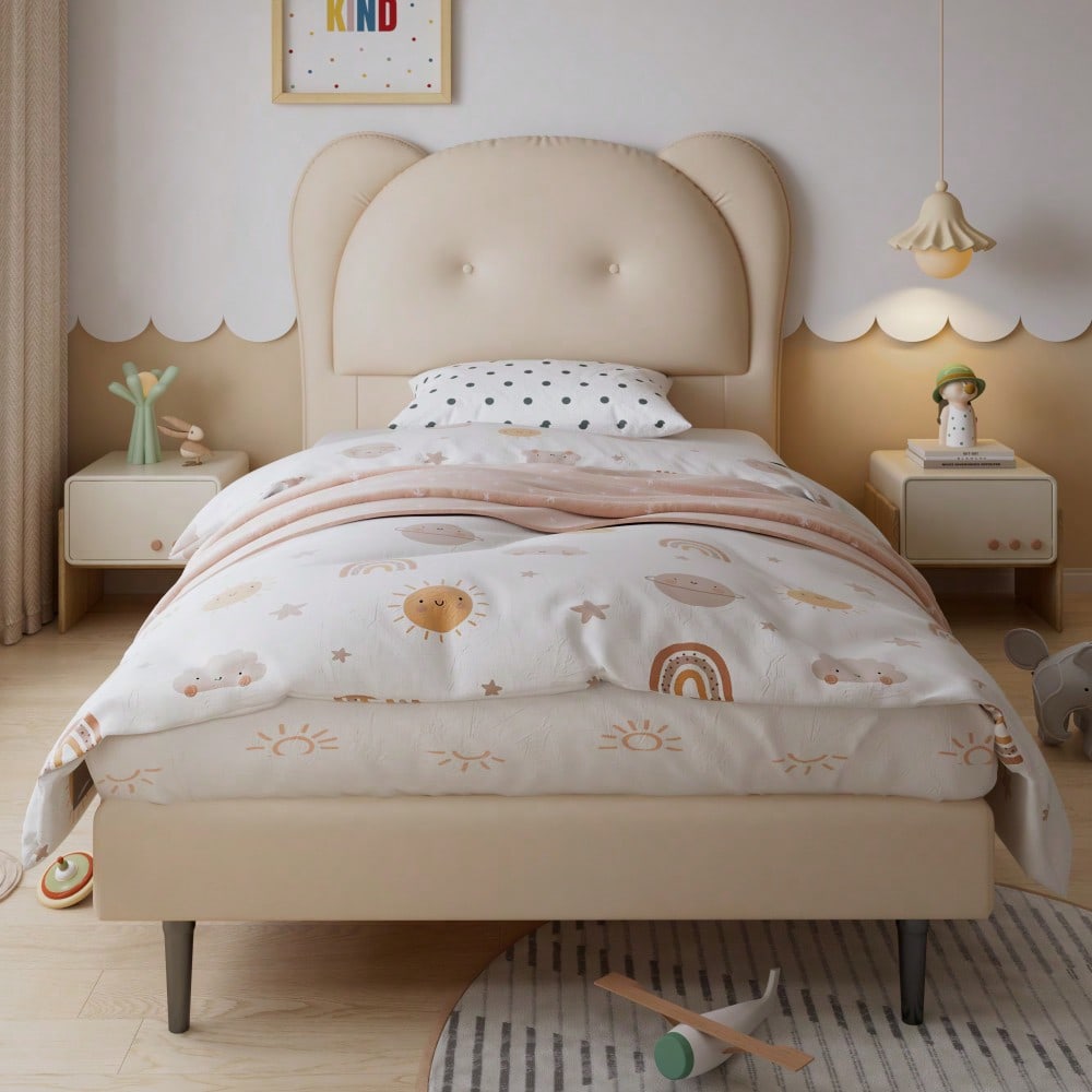 Polsterbett, Einzelbett, Kinderbett, Niedliches Kopfteil in Tierform, Stabile Lattenroste und Eisenrahmenverbindung, PU, Beige, 90x200cm