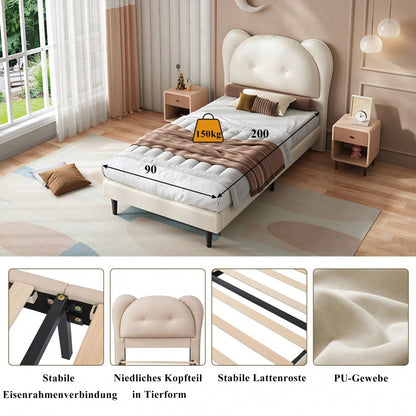 Polsterbett, Einzelbett, Kinderbett, Niedliches Kopfteil in Tierform, Stabile Lattenroste und Eisenrahmenverbindung, PU, Beige, 90x200cm