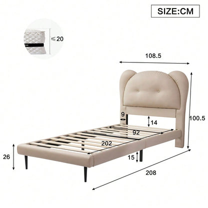 Polsterbett, Einzelbett, Kinderbett, Niedliches Kopfteil in Tierform, Stabile Lattenroste und Eisenrahmenverbindung, PU, Beige, 90x200cm
