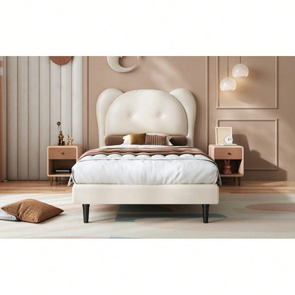 Polsterbett, Einzelbett, Kinderbett, Niedliches Kopfteil in Tierform, Stabile Lattenroste und Eisenrahmenverbindung, PU, Beige, 90x200cm